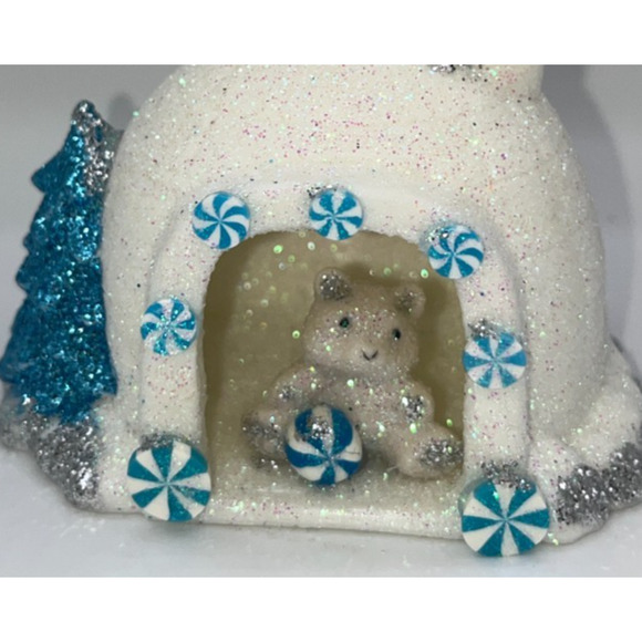 Vintage Miniature Igloo Diorama Pastel Blue Candy Cane Polar Bear Blue Tree OOAK - Picture 2 of 13